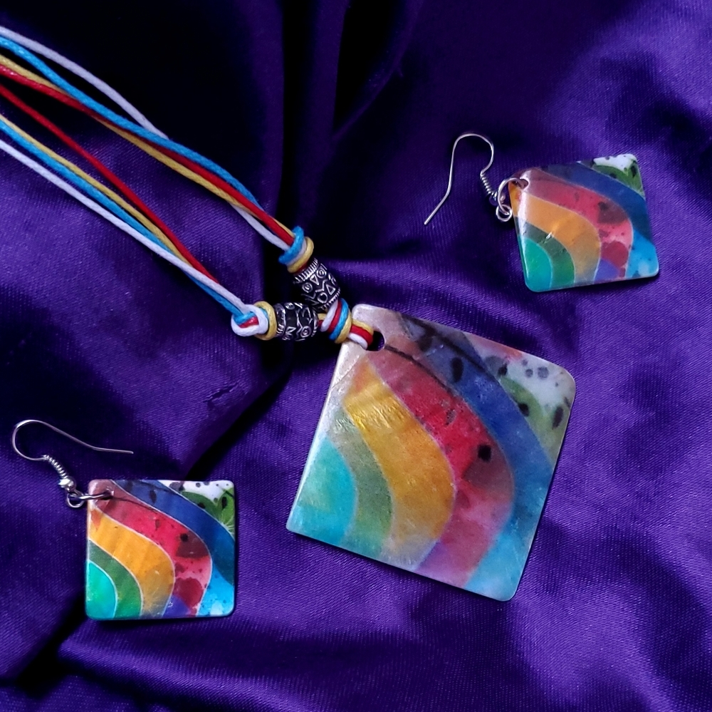 Abstract Rainbow Necklace and Earring Set